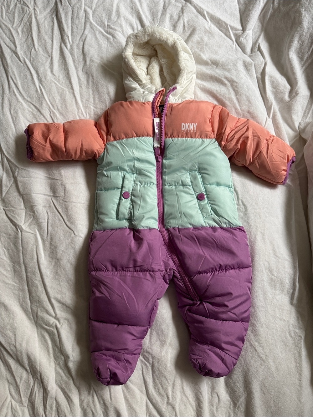 DKNY Coral, Mint & Purple Colorblock Baby Snowsuit